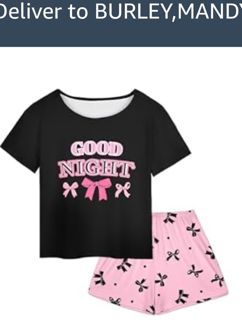 Amazon Kids Pajama Set Black Top Pink Shorts 'Good Night'